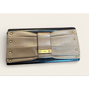 Chloé Black and Taupe Leather Bow Long Flap Wallet
